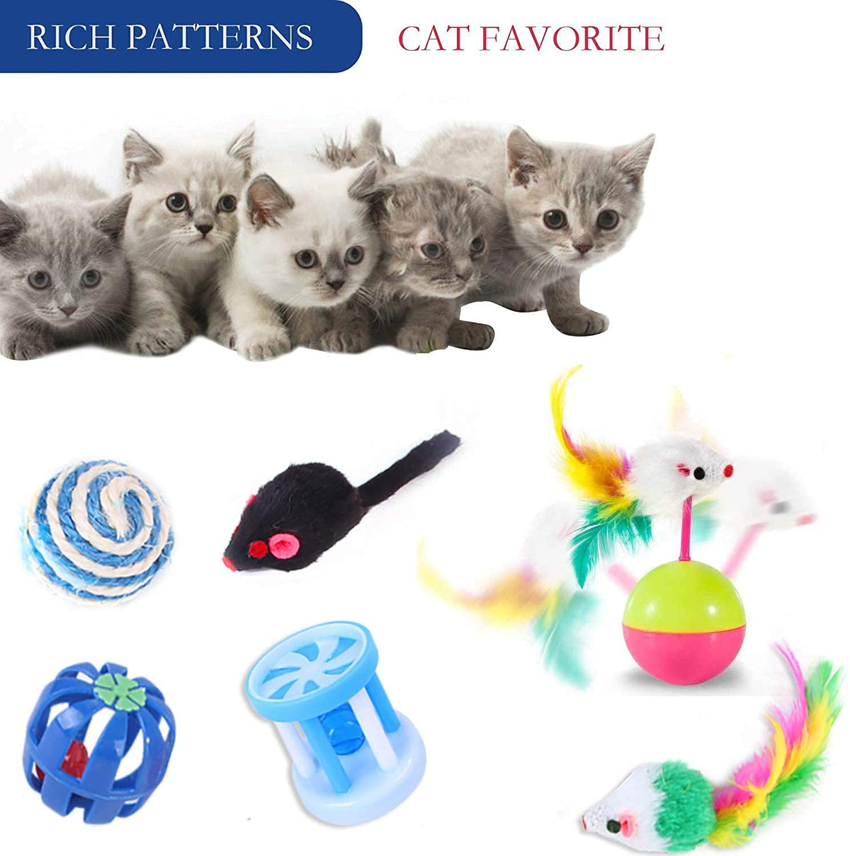 20 Pcs Cat Toys for Indoor Kitten, Collapsible Tunnel, Interactive Feather Wand Ball Spring Mice Toy for Puppy Kitty