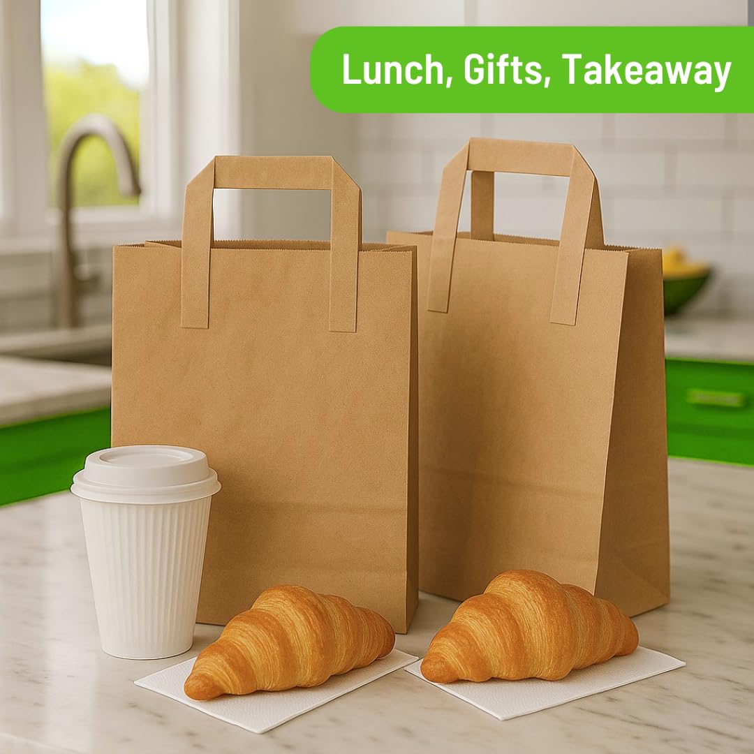 Brown Paper Bags with Handles - Small 8 x 7 x 3.5", 250 Pack, 80gsm Kraft Material, Takeaway Lunch Grocery Shopping Gift Party