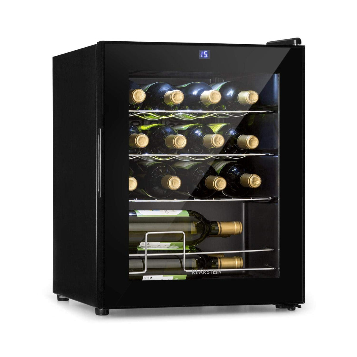 KLARSTEIN Shiraz Wine Cooler Black – 8 Bottles, 1 Zone | Freestanding Wine Fridge with Glass Door, Quiet, 5–18 °C, LED, Stainless Steel Frame