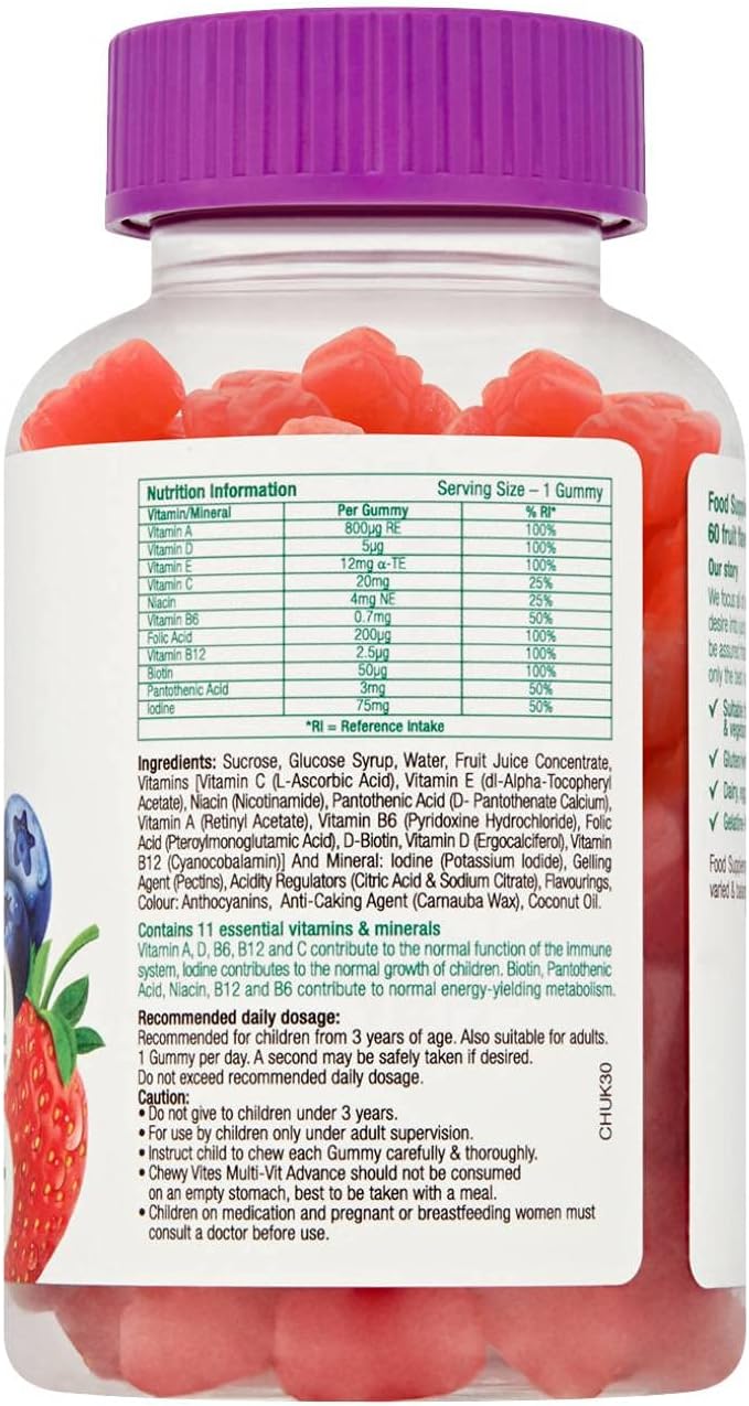 Chewy Vites Kids Multivitamin Advance, 60 Kids Vitamins Gummies, 11 Essential Nutrients, 2 Months Supply, Real Fruit Juice, Vegan, Age 3 +, Blueberry and Raspberry Flavour