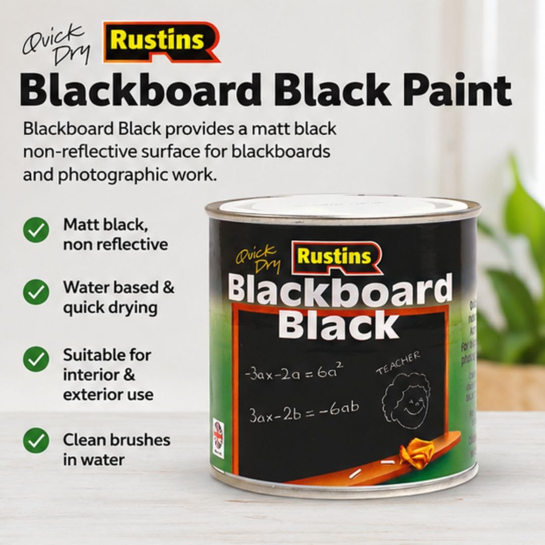 Rustins Blackboard Black Paint 250ml– Quick Dry Matt Black Chalkboard Paint, Durable Writing Surface for Home, School & Office