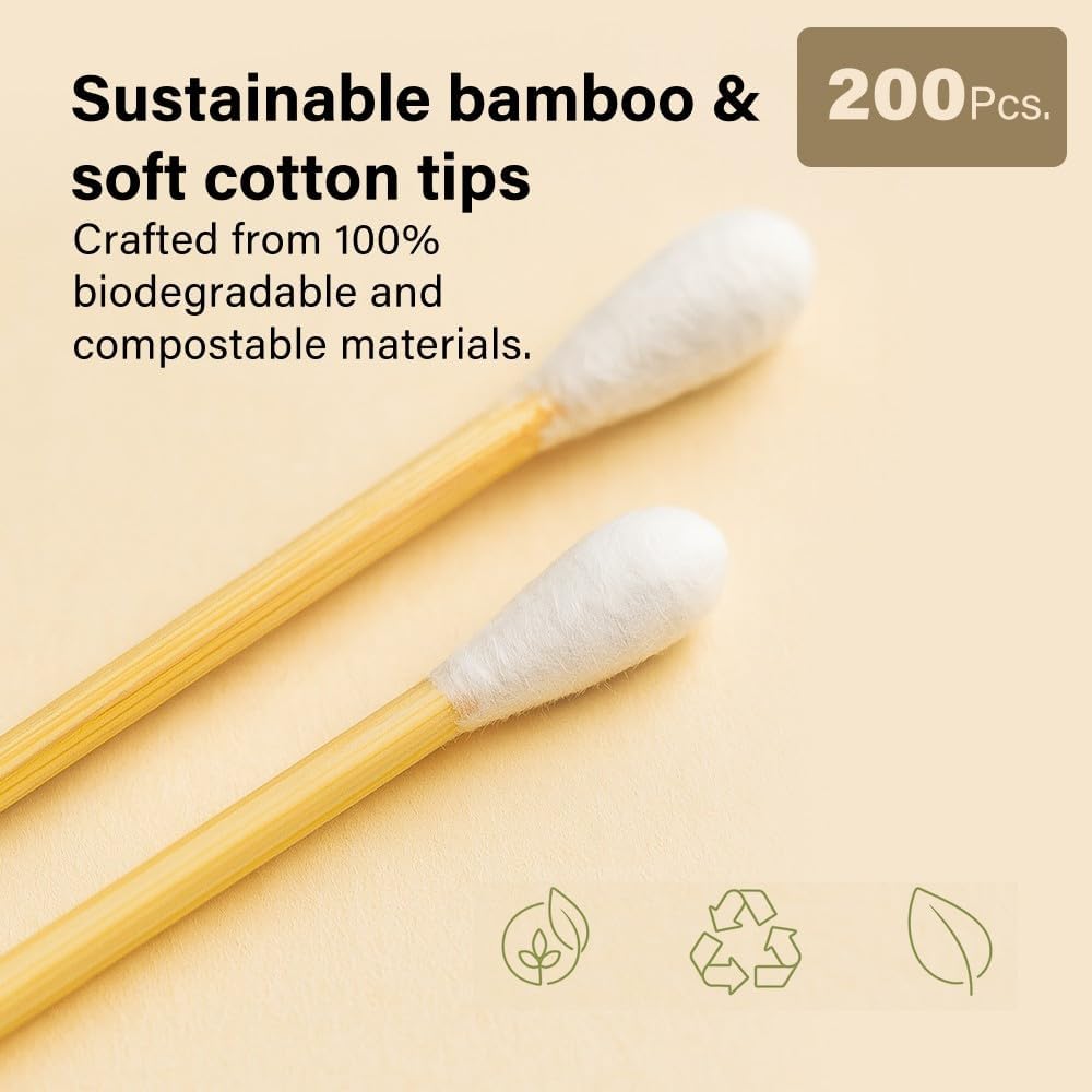 200 Pcs Bamboo Cotton Buds Eco Friendly Biodegradable Swabs with Soft Tips and Strong Stems Gentle Durable Sustainable and Natural Alternative to Plastic for Everyday Use