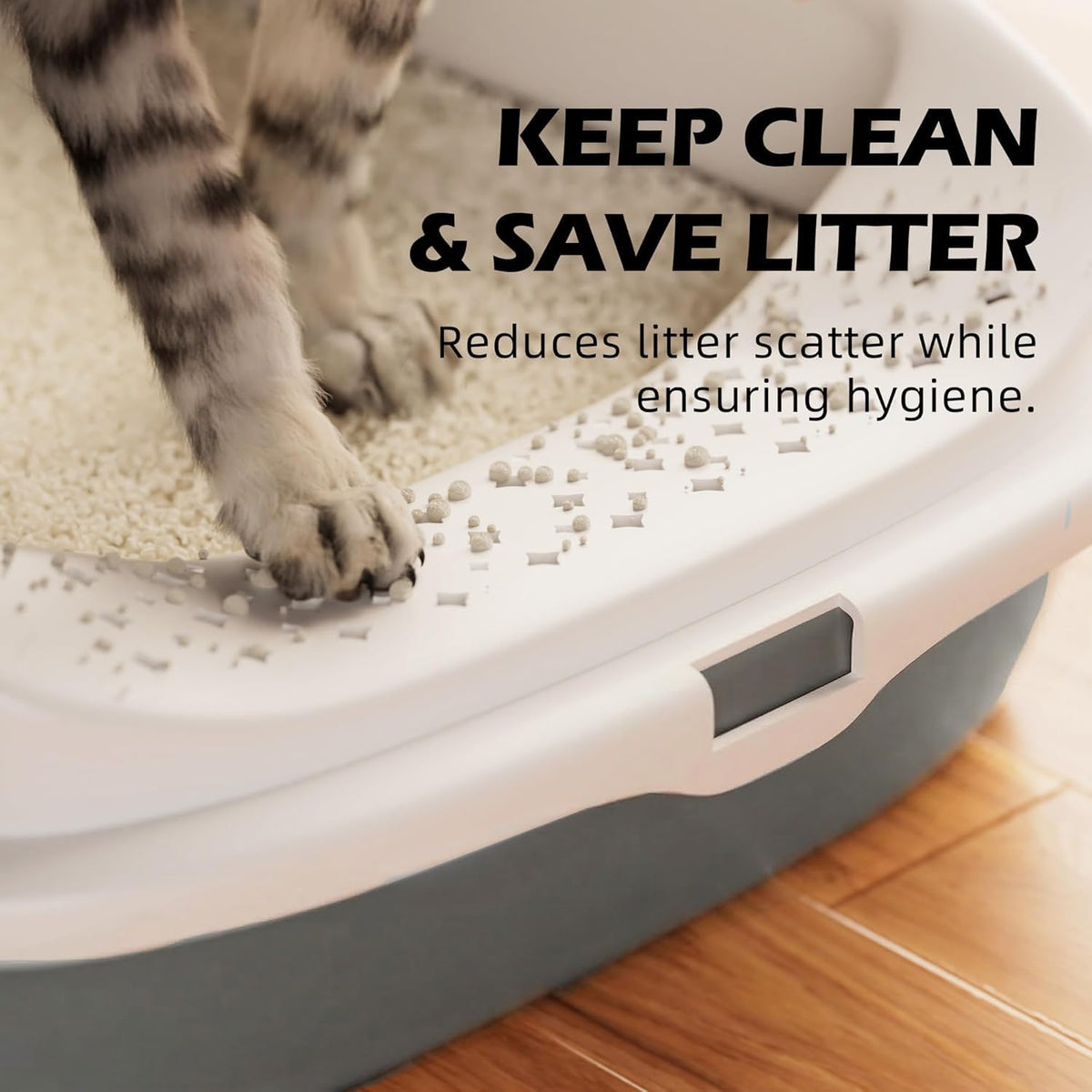 Cat Litter Tray Box, Litter Box, Plastic Cat Open Top Litter Tray with Free Scoop Kitten Detachable Rim Easy Cleaning,49 x 38 x 23cm (Grey)