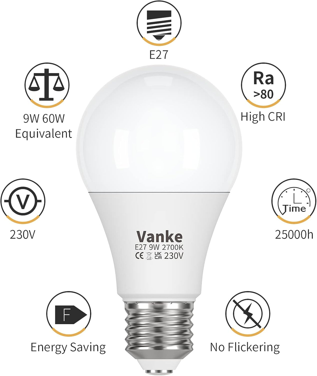 Vanke E27 Screw Bulb, 9W(60W Equivalent), Warm White 2700K, Pack of 3
