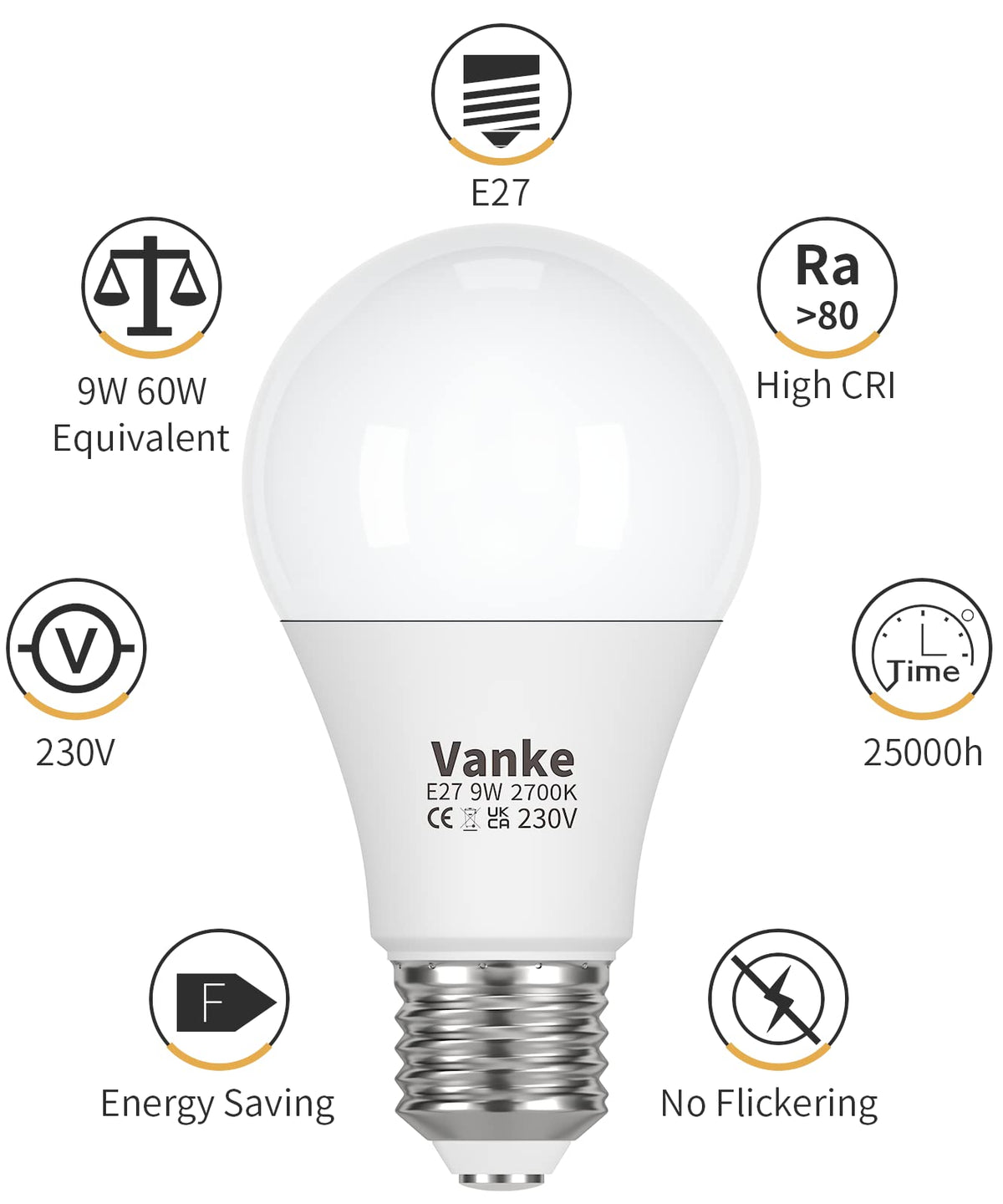 Vanke E27 Screw Bulb, 9W(60W Equivalent), Warm White 2700K, Pack of 3