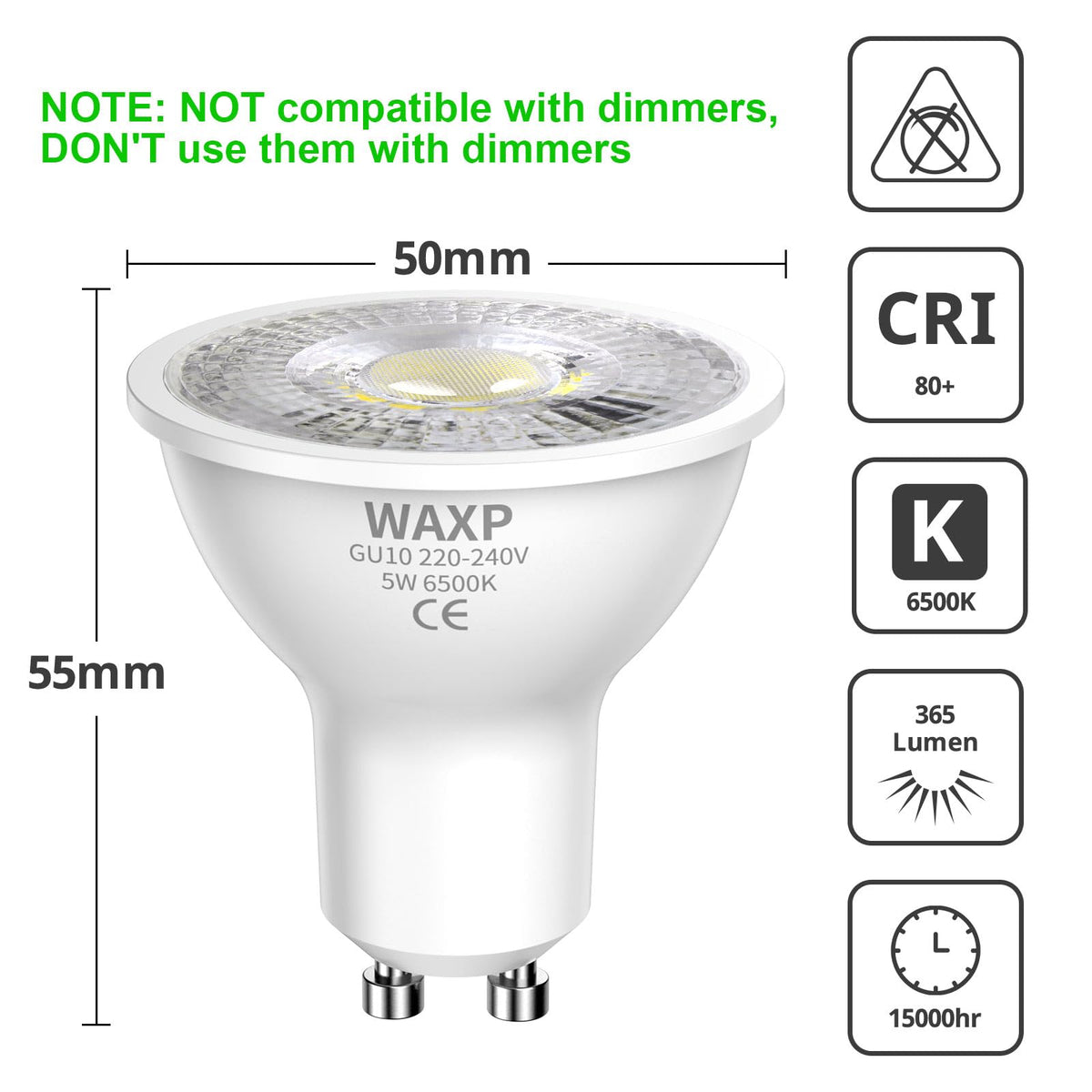 GU10 LED Spot Light Bulbs Warm White 5W, 3000K, 365lm, No Flickering, Energy Saving Light Bulbs, Equivalent 40-50W GU10 Halogen Spotlight Bulbs, Non-Dimmable, 10 Pack