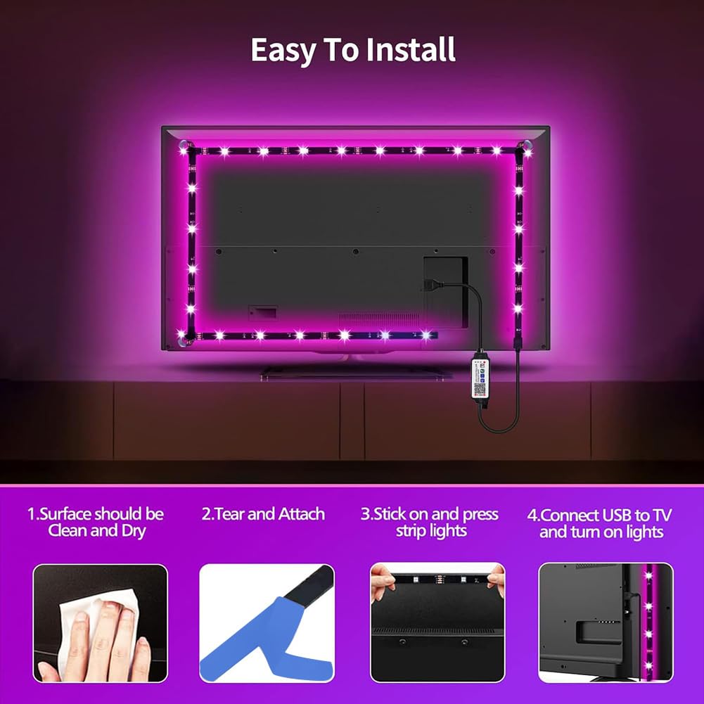 Led Strip Lights 1M/3.28ft, TV LED Backlight with Smart App Control Remote, 5050 RGB Music Sync Colour Changing, USB Smart LED Strip Light for TV,Computer, Monitor, Bedroom, Party and Home Decoration
