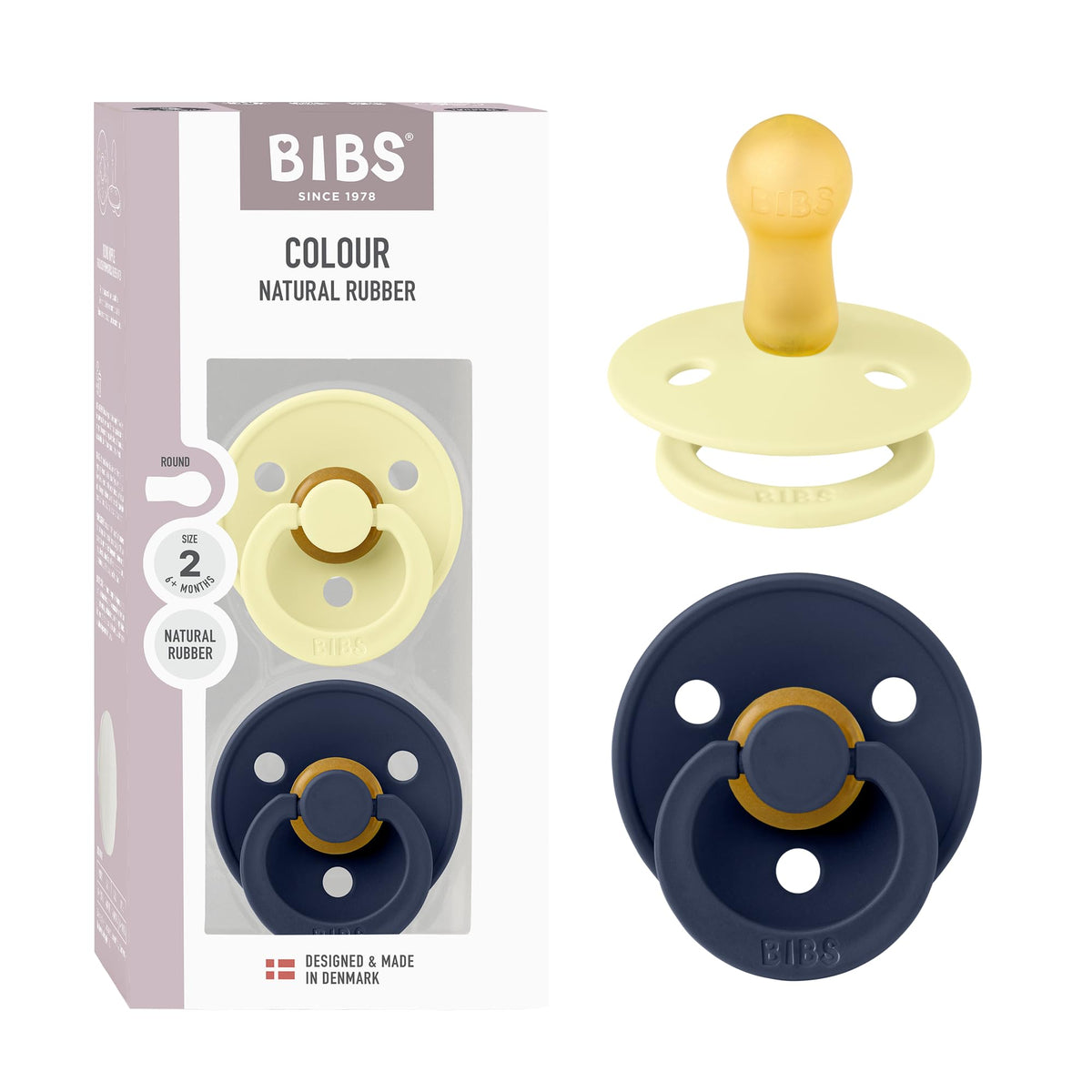 BIBS Colour Soother 2-Pack, BPA Free Dummy Pacifier, Round Nipple. Natural Rubber Latex, Made in Denmark, Size 2 (6-18 Months), Baby Blue