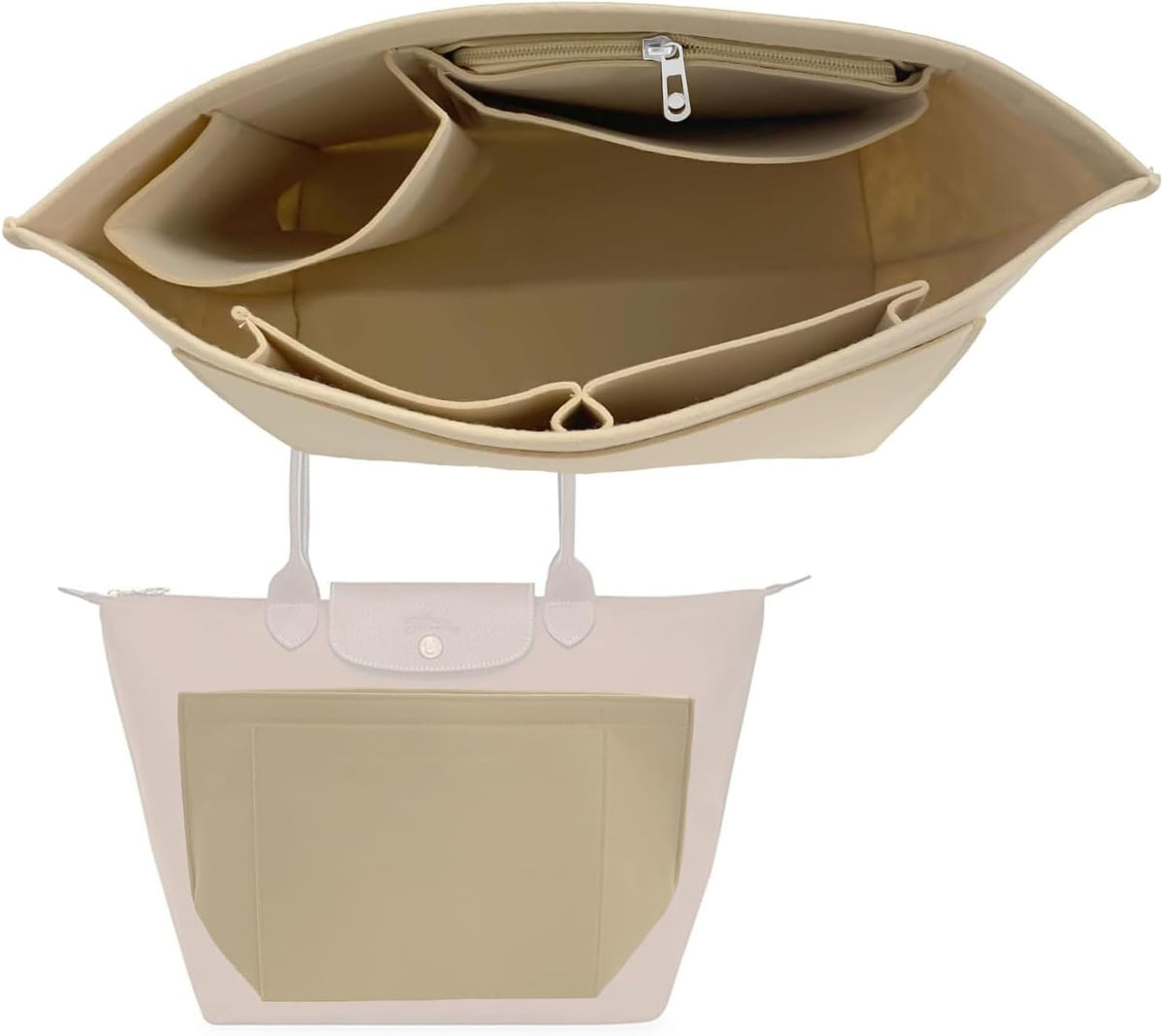 Multi-pocket felt tote bag for inserting a wallet, folding tote organizer insert Longchamp (khaki, L)