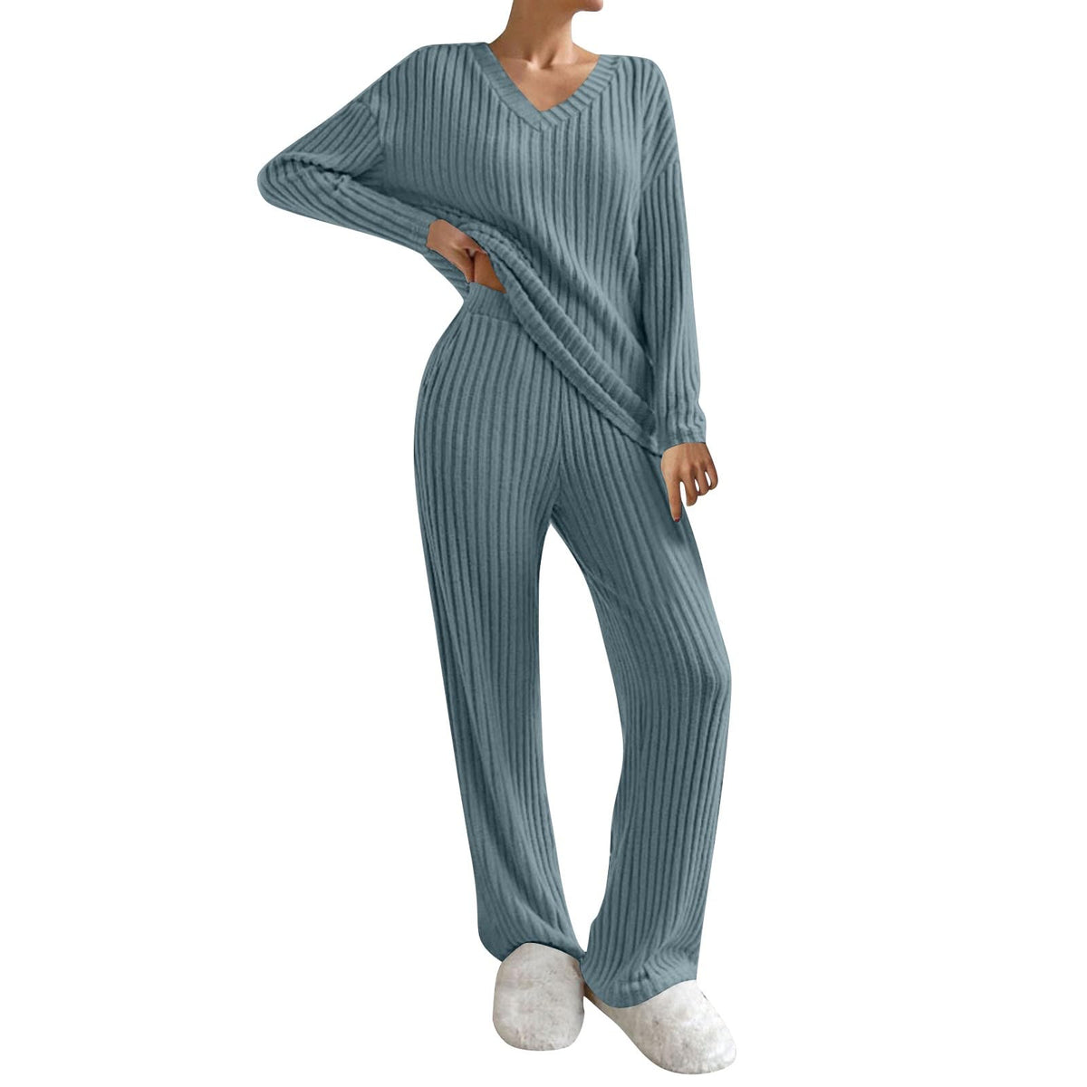 Lounge Wear Sets For Women Uk Womens Pyjamas Set Ladies Pyjamas Two Piece Outfit Fleece Tracksuits V-Neck Long Sleeve Jumpers And Wide Leg Trousers With Pockets Sleepwear Plain Casual Homewear