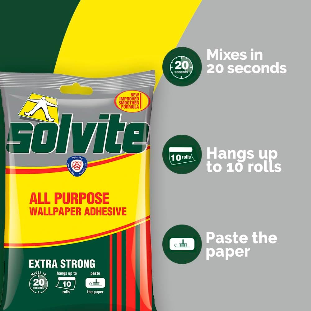 Solvite All-Purpose Wallpaper Adhesive, Reliable Adhesive for Wallpaper, All-Purpose Adhesive with Long-Lasting Results, Wallpaper Paste Hangs up to 10 Rolls (1x185g Sachet)