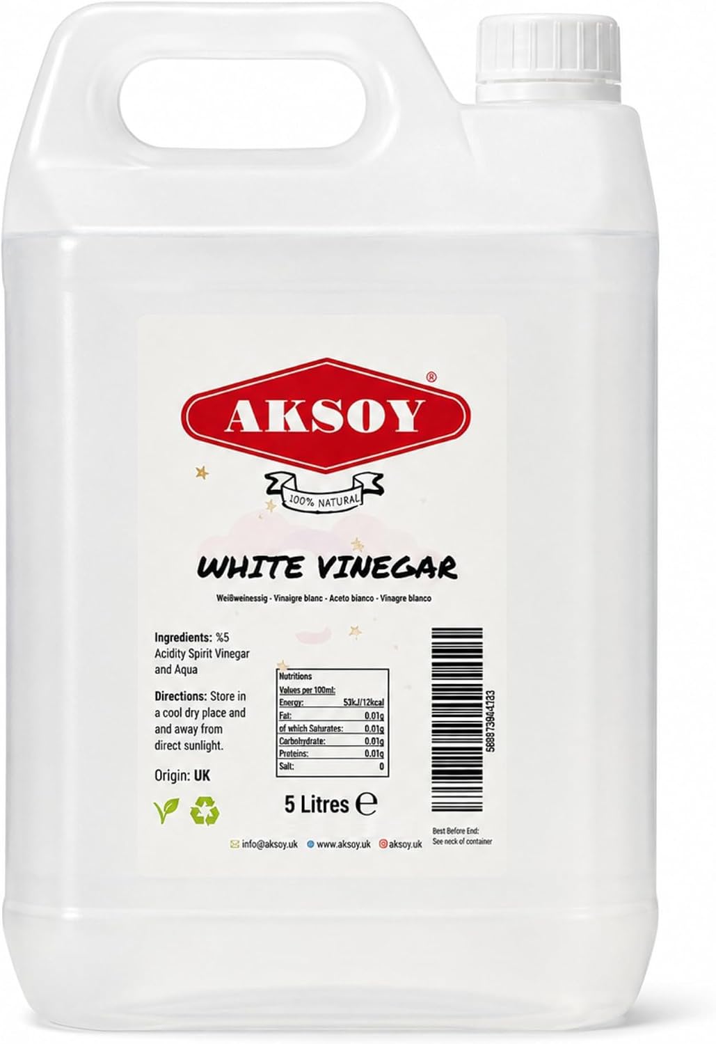 Aksoy Distilled White Spirit Vinegar 5L | Ideal for Cleaning, Pickling, Marinating, Cooking & Natural Weed Control – Multi-Purpose, Descaling & Odour Removal