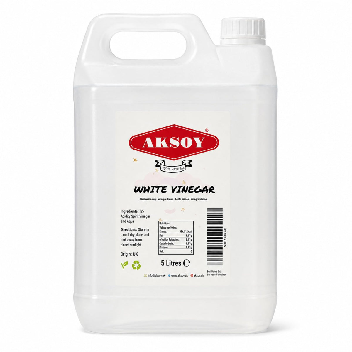 Aksoy Distilled White Spirit Vinegar 5L | Ideal for Cleaning, Pickling, Marinating, Cooking & Natural Weed Control – Multi-Purpose, Descaling & Odour Removal
