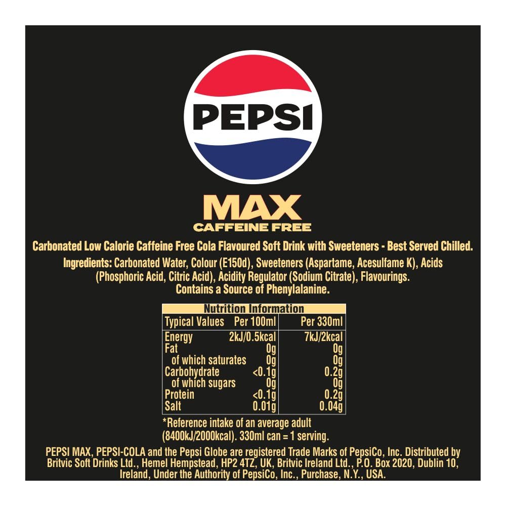 Pepsi Max Caffeine Free Cola | 330ml Can | 24 Pack