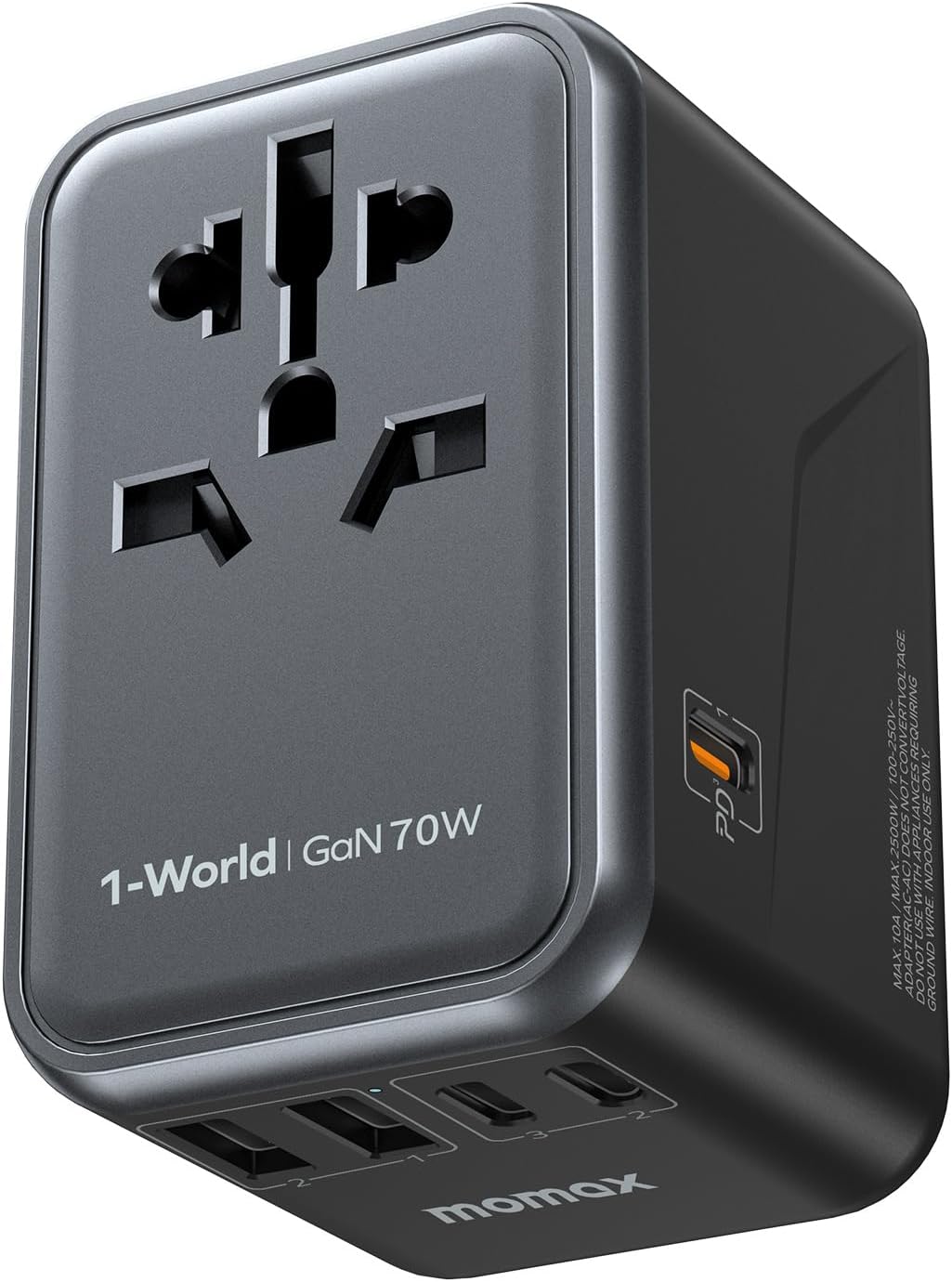MOMAX Universal Travel Adapter 70W GaN Travel Plug Adapter for UK/EU/AU/US