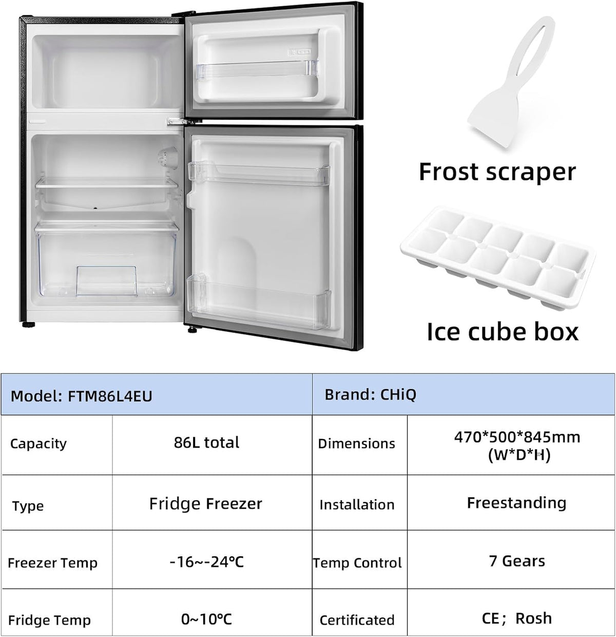 CHiQ 86L Compact Top Freezer Refrigerator with 85cm & LED Black