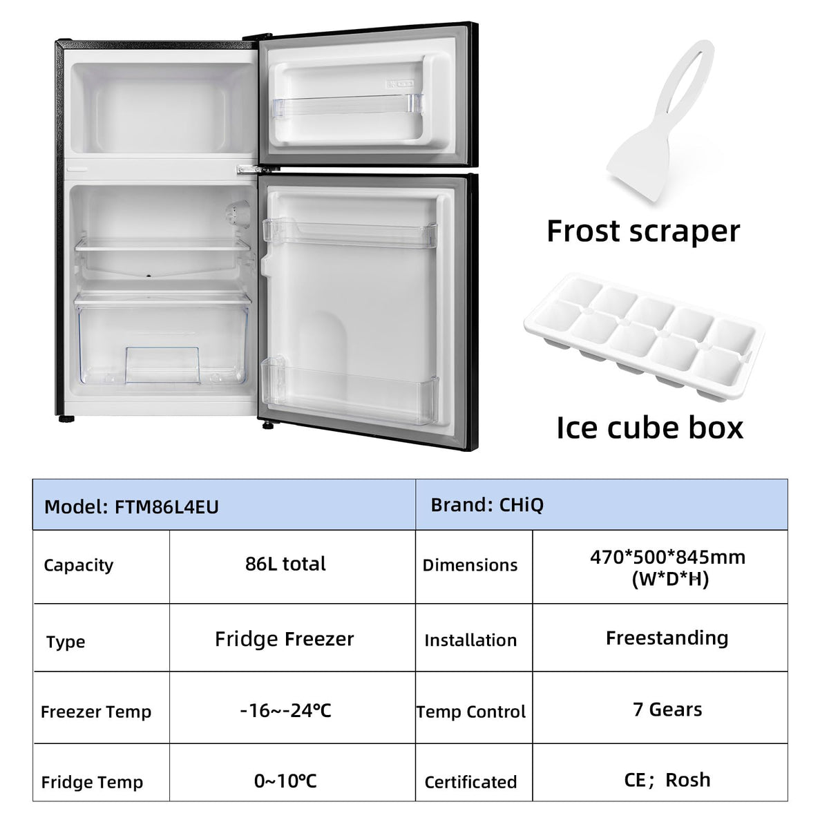 CHiQ 86L Compact Top Freezer Refrigerator with 85cm & LED Black