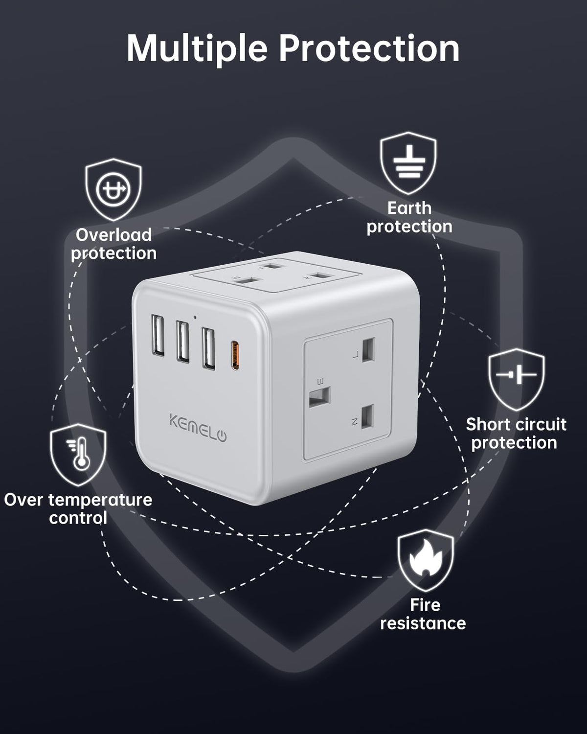 Cube Extension Lead with 4 USB Slots, Kemelo 4 Way (13A/3250W) Multi Plug Extension Cable with Child Safety UK Desktop Power Extension Socket,1.5M Extension Cords for Home Dorm Office Travel, Black