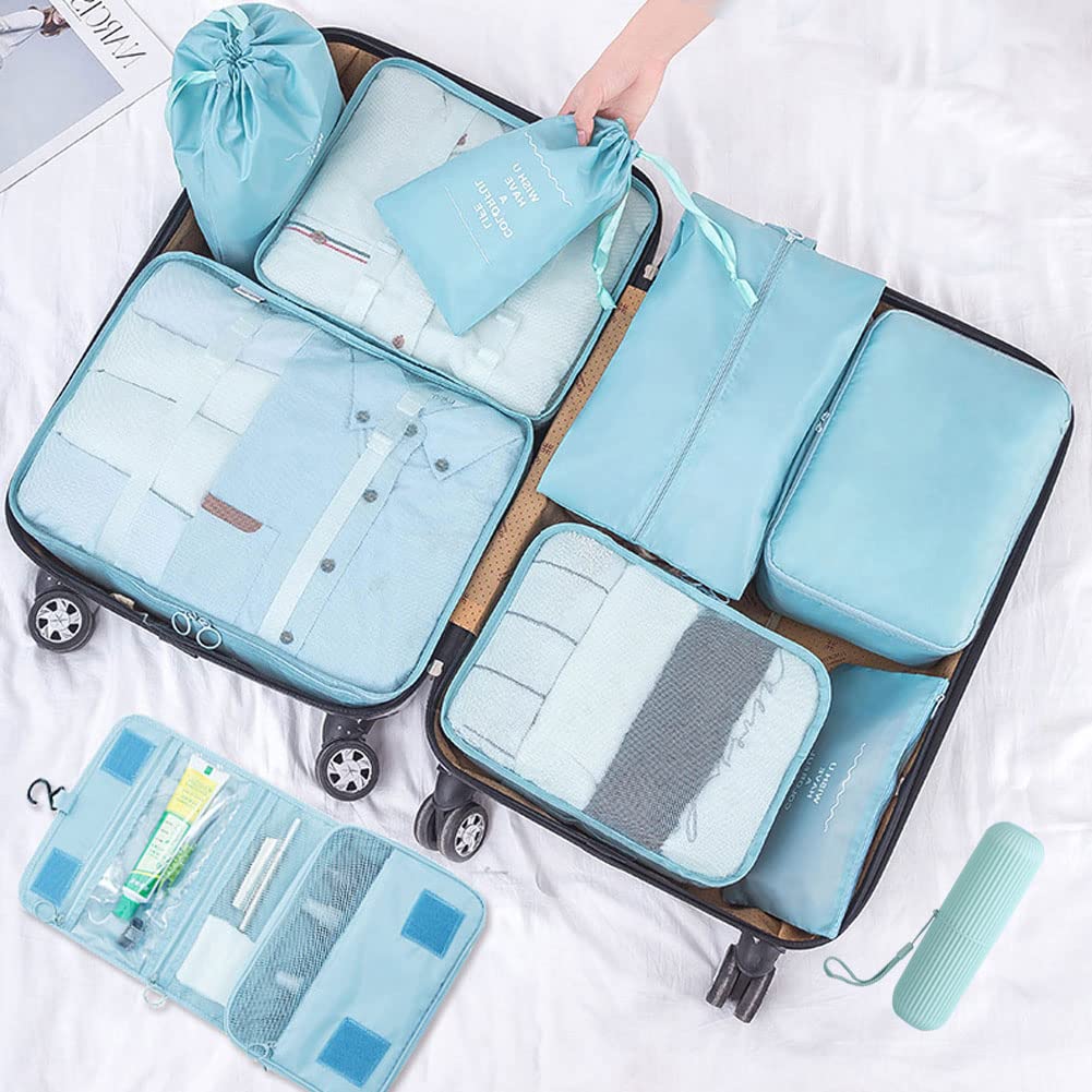 Travel Packing Cubes, Toifucos Multifunction 8pcs/set Luggage Organiser Compression Suitcase Essential Bag, Dark Gray