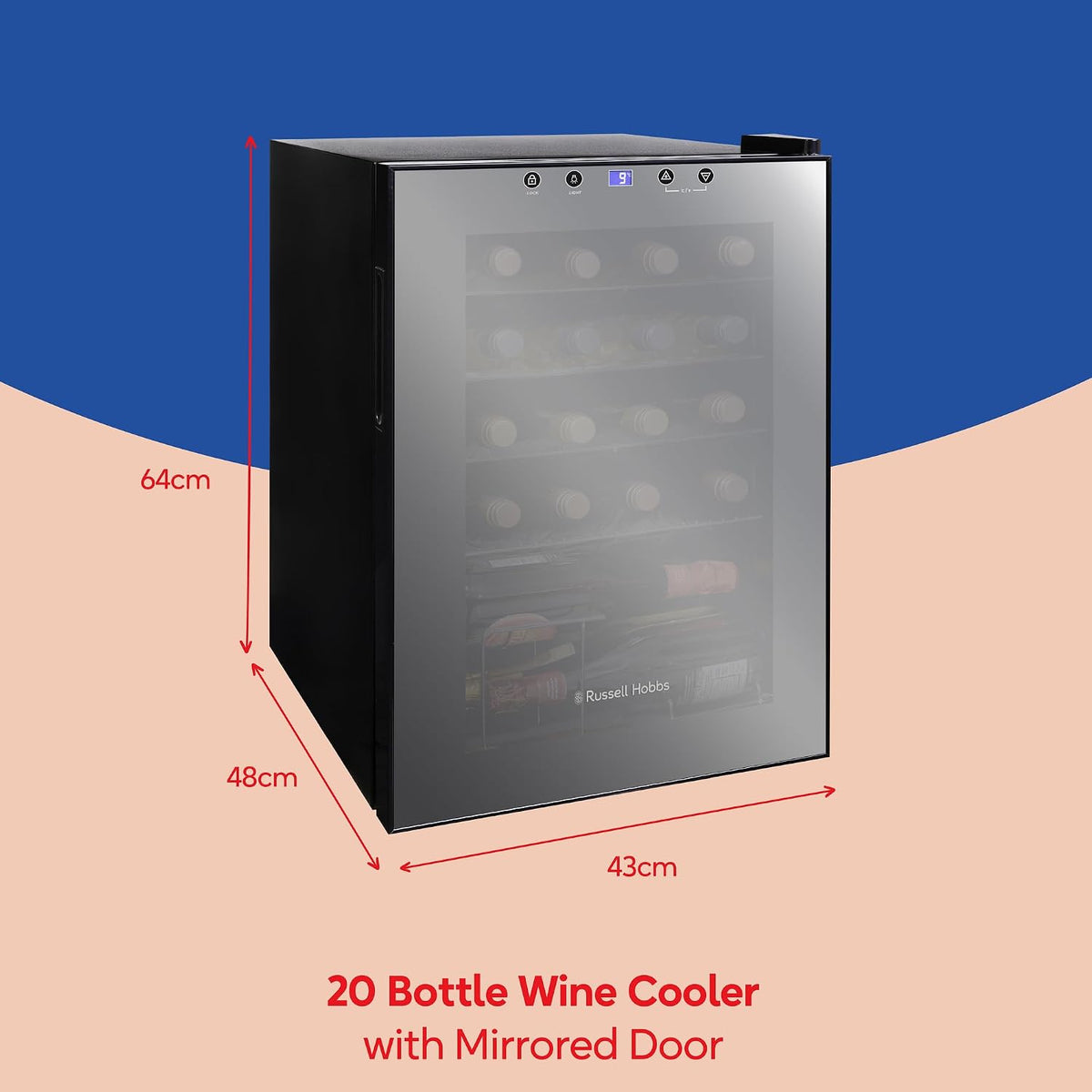 Russell Hobbs 20 Bottle 62L Mirrored Door Wine Cooler Freestanding Beverage Drinks Fridge, LED Light with Touch Control, Digital Display, Adjustable Shelves, Glass Door RH20WC201MR