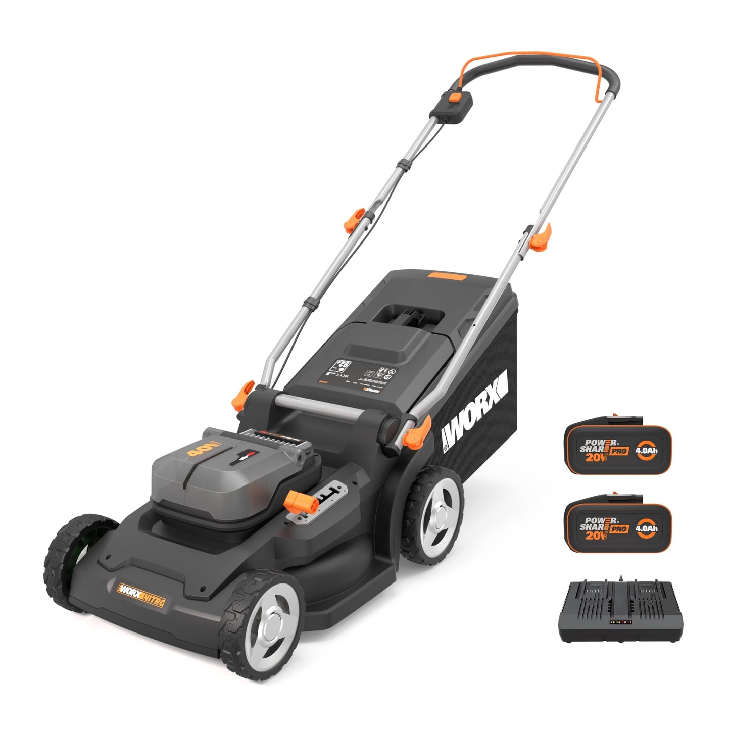 Worx WG779E.2 40V 34cm Cordless Lawnmower, ideal for Gardens up to 230㎡, Cut-to-Edge, striped Lawn Roller, foldable Handle, PowerShare, includes 2x 2.0Ah Batteries, Charger & 30L Grass collection bag