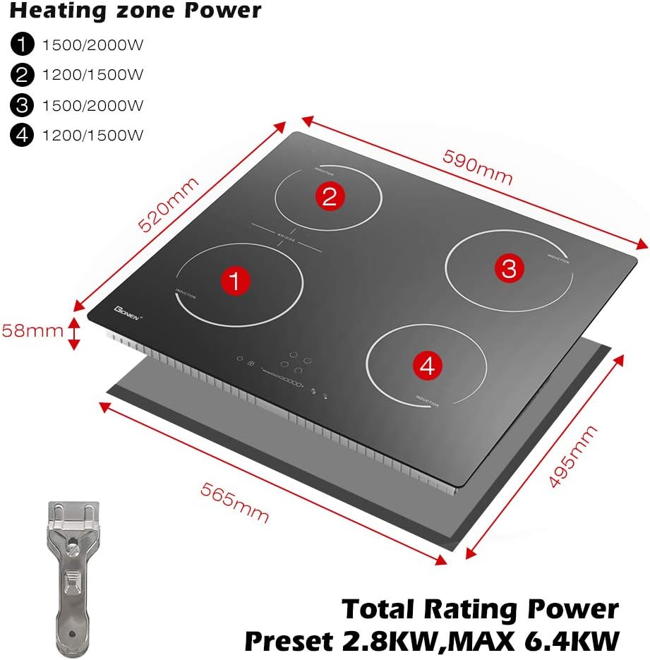 GlONlEN Plug-in Induction Hob 13 Amp 2800W,60cm Integrated Electric Cooktop with Bridge Zone, 4 Cooking Rings Cooker GIT470SP,Drop-in Ranges