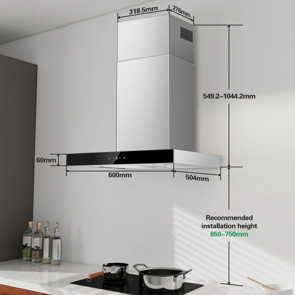 TopStrong Cooker Hood 90cm, 600 m³/h Extractor Fan kitchen, Wall-Mounted Extractor Hood, A++ Energy Efficiency, Touch Control, 58 dB, Recirculating & Ducting System, Black
