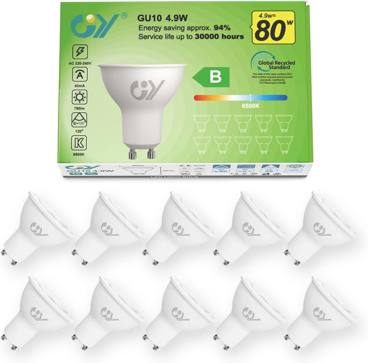GY GU10 LED Bulb 4.9W 790lm Cool White 6500K Energy Saving LED Bulb, The New UK Energy Efficiency Class B Replaces 80W, 110°Beam Angle Non-Dimmable, 10 Pack