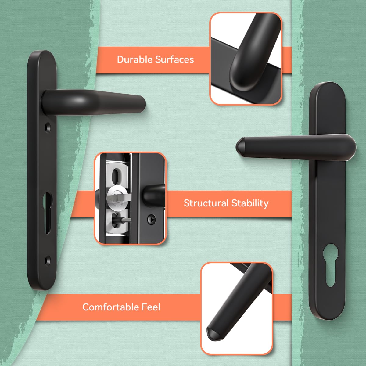 Bwintech 1 Set Black UPVC Door Handle Set, 92mm Backset,122mm Screw Hole Distance, 210mm Plate Length Front Door Handles for UPVC Door