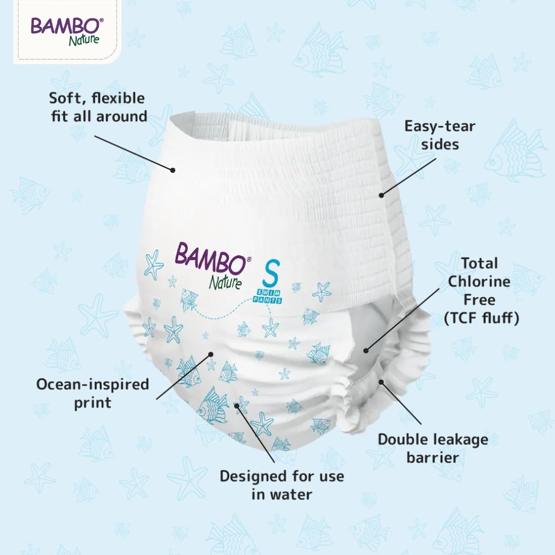 Bambo Nature Premium Swim Nappy Pants Medium Size (12+ kg), Disposable and Eco-Labelled, Perfect Swimming Nappies for Water Activities, Swim Nappies for Babies