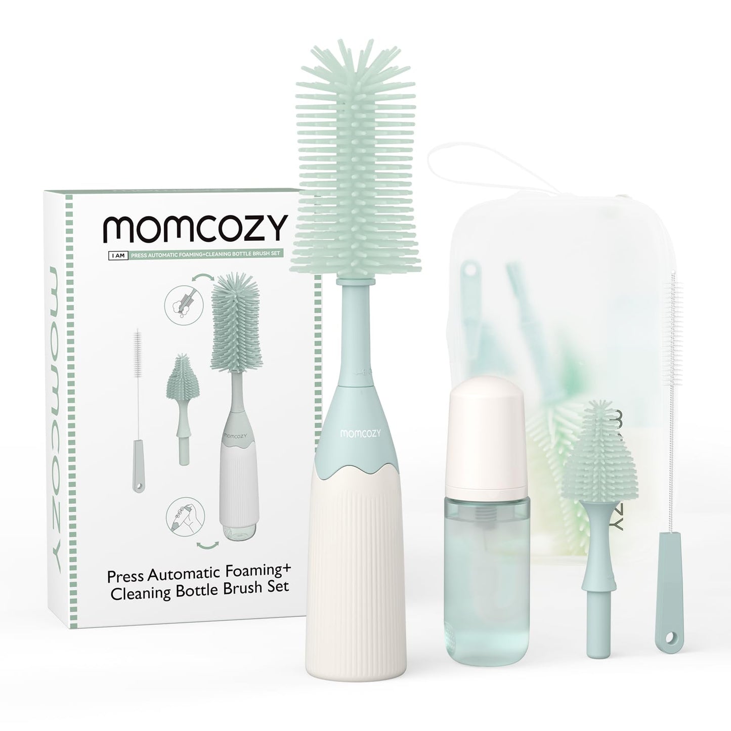 Momcozy Bottle Brush Set - Baby Bottle Cleaner Kit with Silicone Brush, Nipple Brush, Straw Brush, Soap Dispenser, Drying Rack - 7 in 1 Bottle Cleaning Tool for Home and Travel, Green