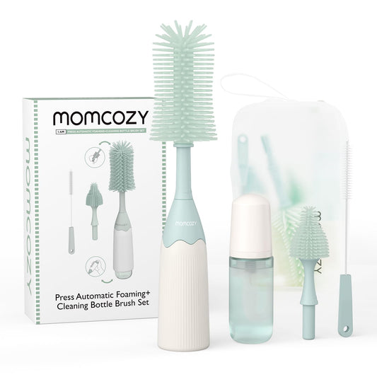 Momcozy Bottle Brush Set - Baby Bottle Cleaner Kit with Silicone Brush, Nipple Brush, Straw Brush, Soap Dispenser, Drying Rack - 7 in 1 Bottle Cleaning Tool for Home and Travel, Green