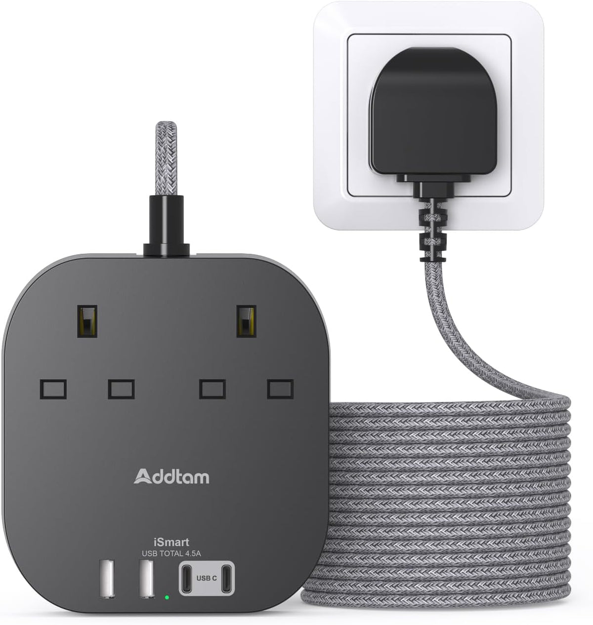 Addtam 3M Extension Lead with USB Slots, Power Strips with 2AC Outlets 4USB