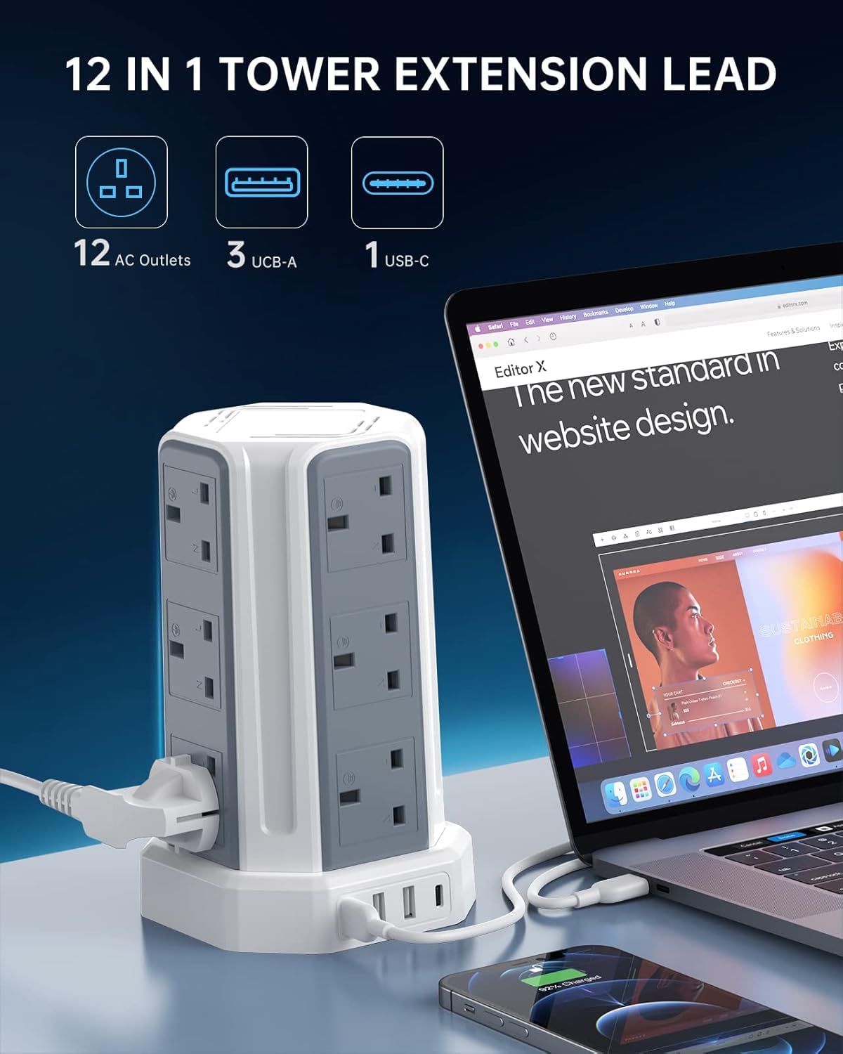 Tower Extension Lead 3M, Extension Cable with USB Ports