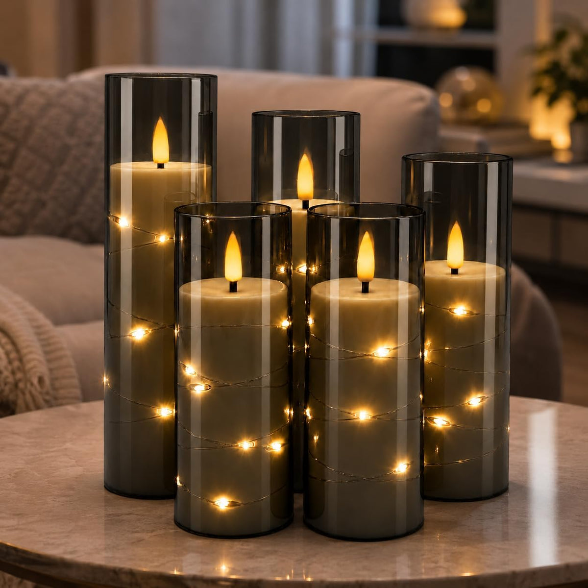 5 Pack Ivory Transparent Taper Candles, Black Wick Flickering Flameless LED Candles with Fairy Lights, Heat Resistant Reusable Plastic Candles, Remote Control, 14/14/16/18/20cm, Indoor Outdoor Decor