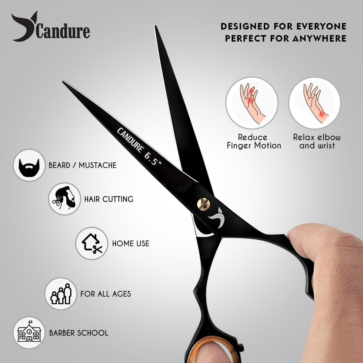 Candure Hairdressing Scissor with Comb & Leather Pouch 6.5" - Hair Scissor for Professional Hairdressers, Barbers Stainless Steel Hair Cutting Shears for Salon, Men, Women, Children and Adults Black