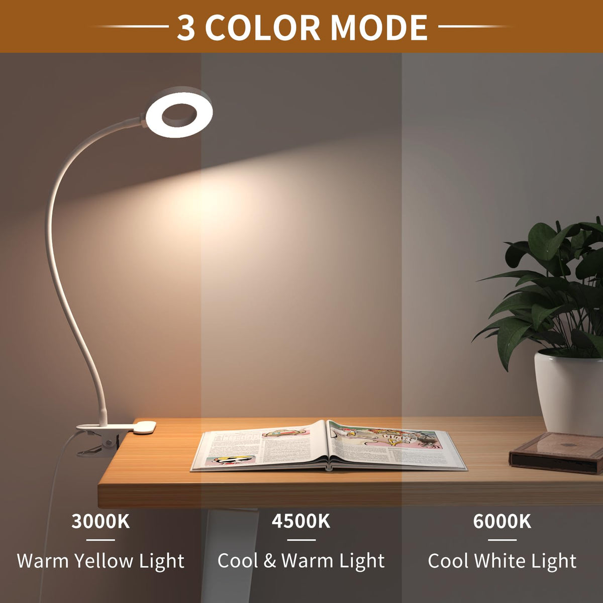 iZELL LED Desk Lamp -【3 Color Modes & 10 Brightness】 Eye Caring Clip on Clamp Light with 70cm Flexible Arm, Book Ring Light with Plug for Home Office, Kids, Reading, Clip on Table, Headboard
