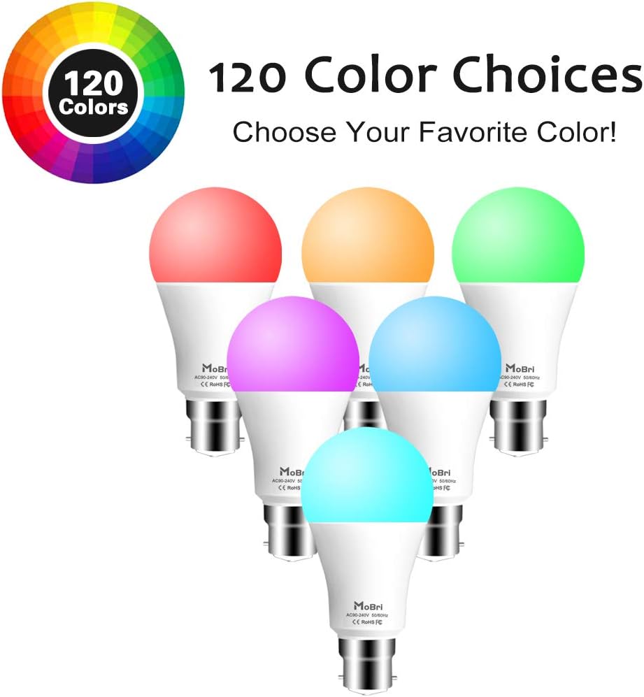 Mobri B22 LED Colour Changing Light Bulbs with Remote Control, 75 Watt Equivalent Bayonet Dimmable Colour Bulbs with Timing, Memory & Sync, 120 Multi RGB Colours + Daylight White,2 Pack