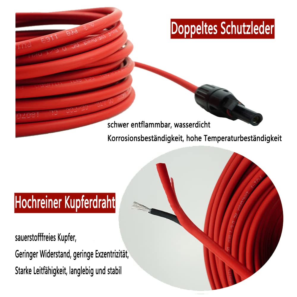 Solar Panel Extension Cable -1M/2M/3M/5M/10M/20M/30M 10AWG(6mm²/4mm²)，Harness Wiring Wire Adapter with Connector，Tinned Copper Electrical Wire Cable- Red+Black (4mm²3M)