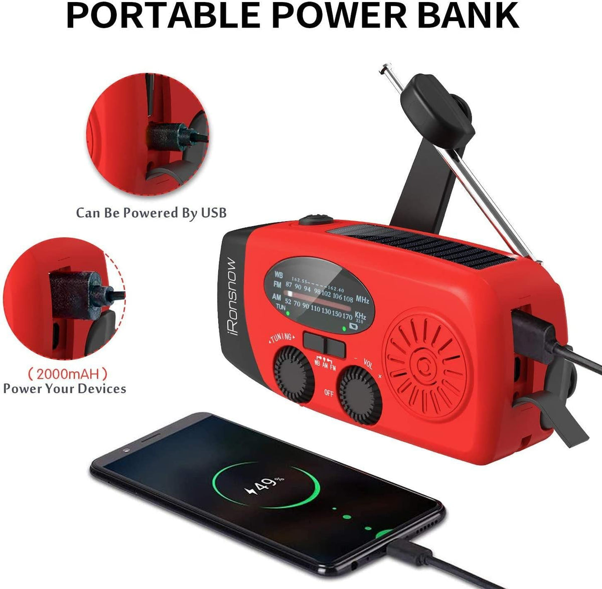 5000mAh Wind Up Solar Radio, Emergency Crank Weather Radio, FM/AM Radios