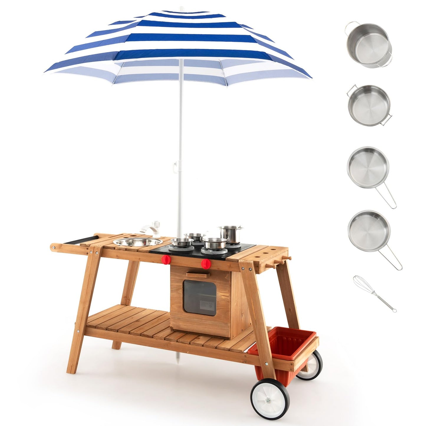 COSTWAY Wooden Mud Kitchen, Outdoor Kitchen Playset with Umbrella, Sink, Storage Cabinet and Accessories, Wheeled Role Pretend Cooking Cart for Kids Toddlers (Natural+White)
