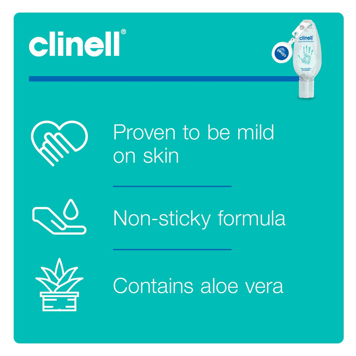 Clinell Hand Sanitiser Gel with Retractable Clip - 50 ml - Dermatologically Tested, Kills 99.99% of Germs, Moisturising, Quick Action, Kind to Skin, No Stickiness
