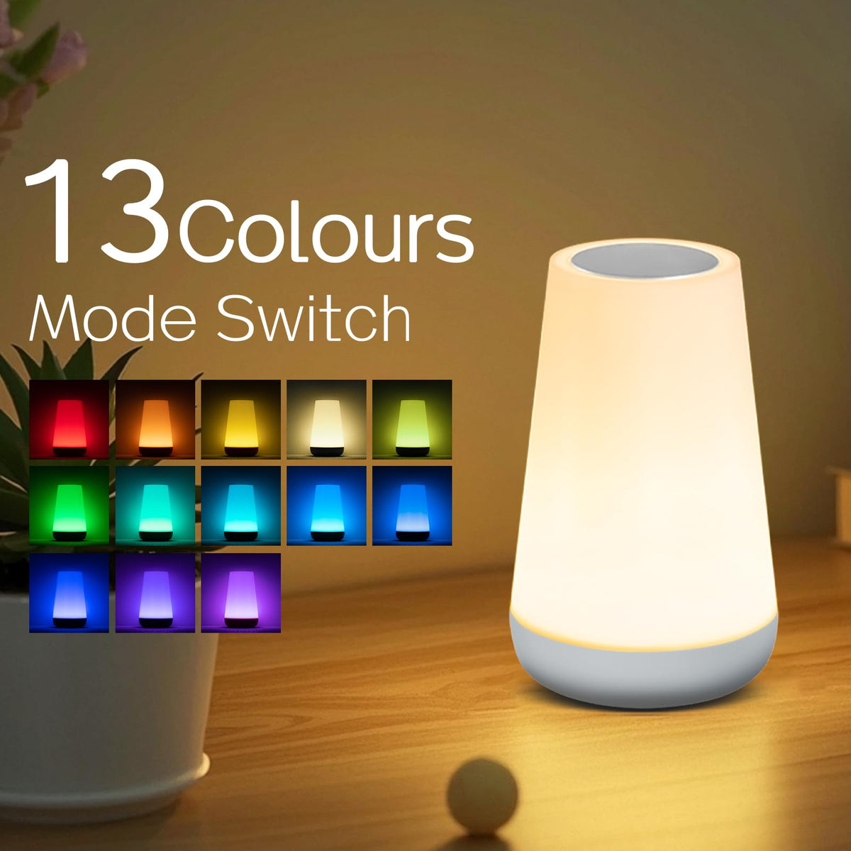 Ledivion Night Light, LED Touch Bedside Table Lamp, RGB Colours Changing, 5 Brightness Level, Timing Function, Dimmable Rechargable Remote Control Light for Bedroom, Living Room