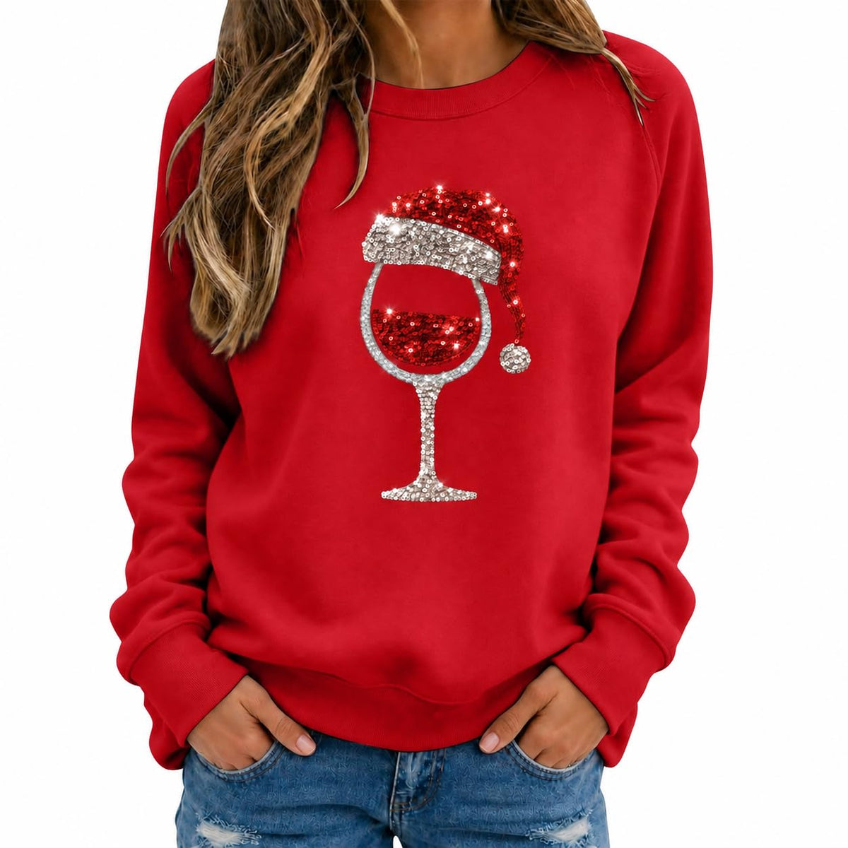 Christmas Jumpers Women Wine Graphic Sequin Sweatshirts Ladies Xmas Tops