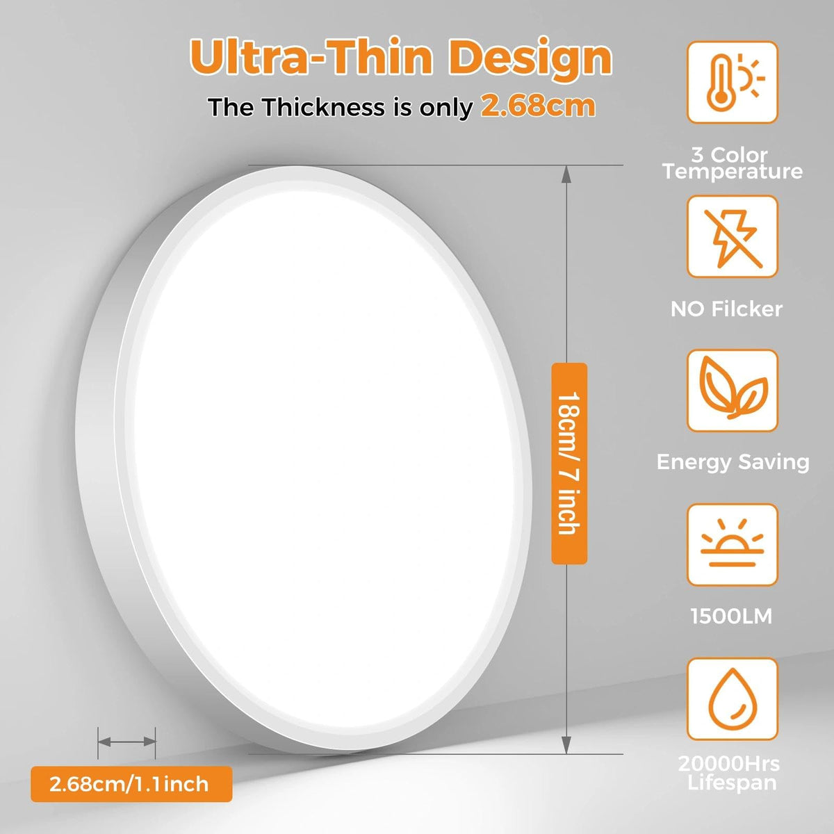slochi Bathroom Light, 3000K/4000K/6500K 3 Color Temperature, Waterproof, Round, Modern, Flush Ceiling Light for Bathroom, Kitchen, Bedroom, Hallway and MoreØ18CM(Gold)