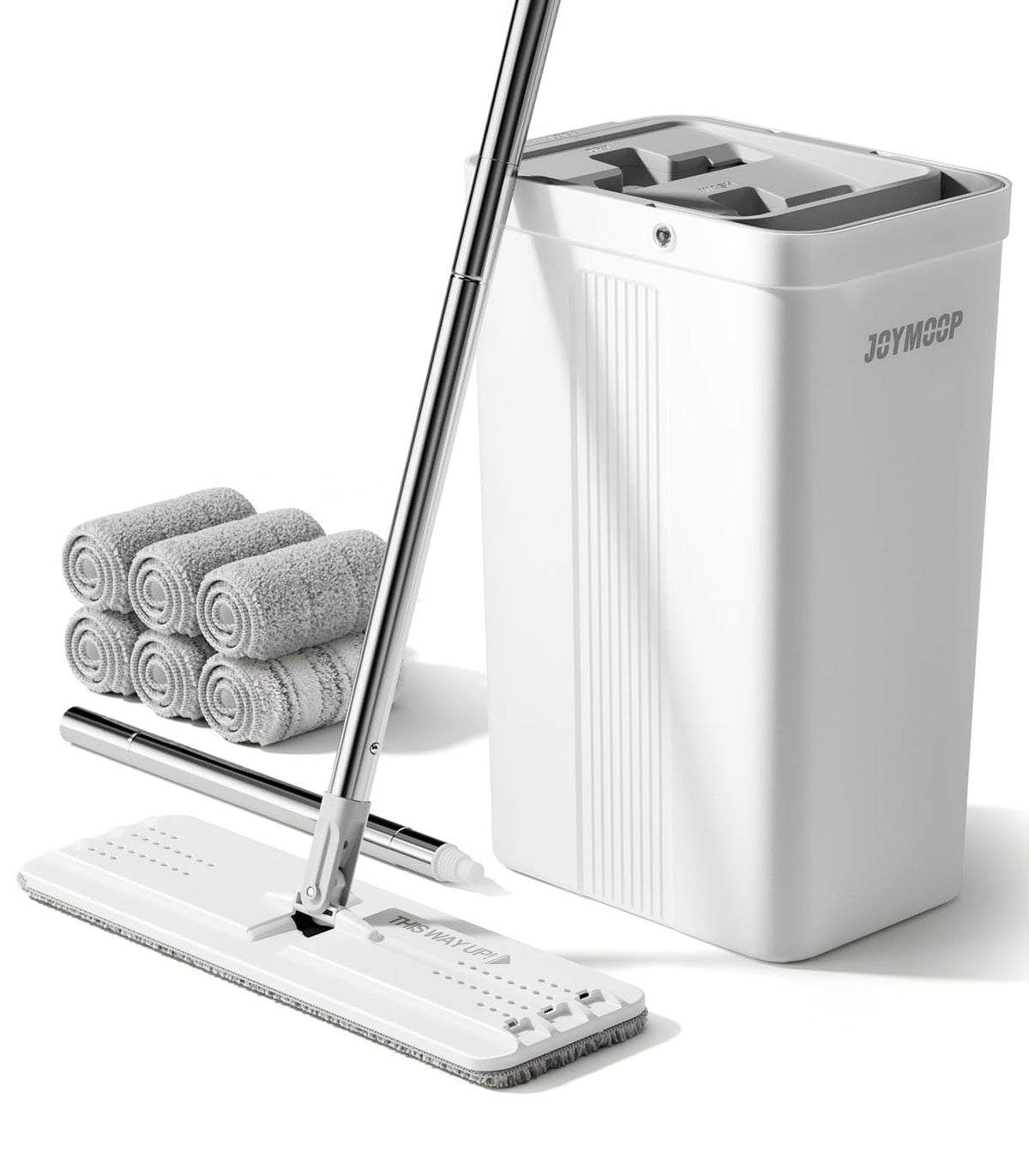 JOYMOOP Mop and Bucket with Wringer Set, Hands Free Flat Floor Mop and Bucket, with 3 Washable Microfiber Pads, Wet and Dry Use, Floor Cleaning System