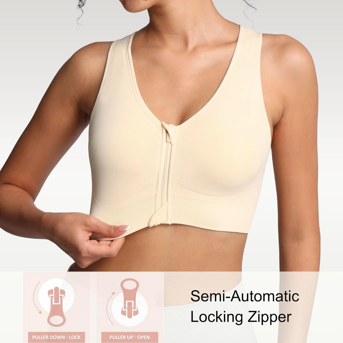 Lemef Front Zipper Sports Bras High Impack Post Op Compression Bras for Women Post Surgery Wireless Racerback Yoga Bra