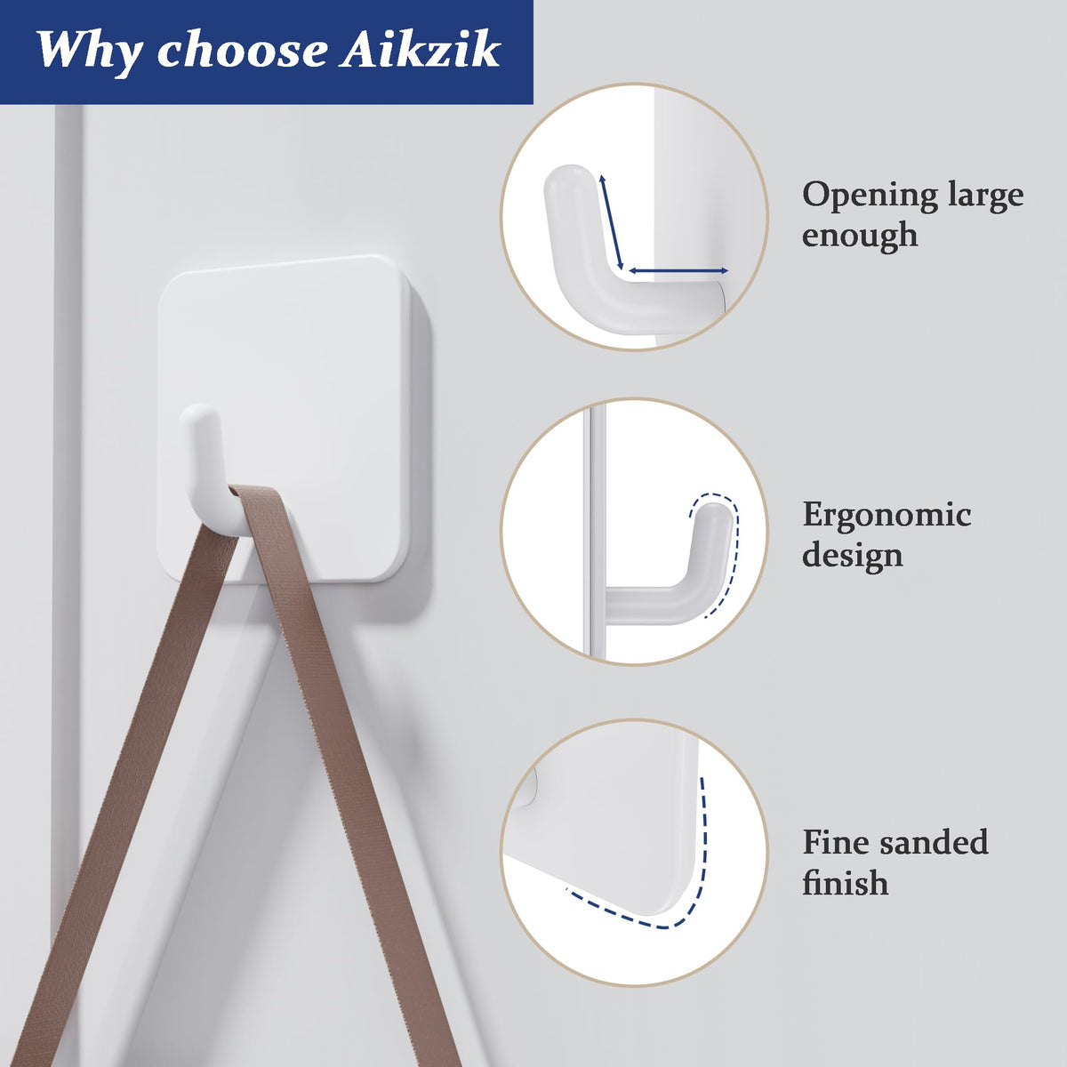 Aikzik 6 Pack Self Adhesive Hooks, Stainless Steel Sticky Hook Heavy Duty, Over 8kg Load - Hooks for Hanging for Towel, Coat, Key, Stick on Bathroom, Kitchen, Door and Wall, Black