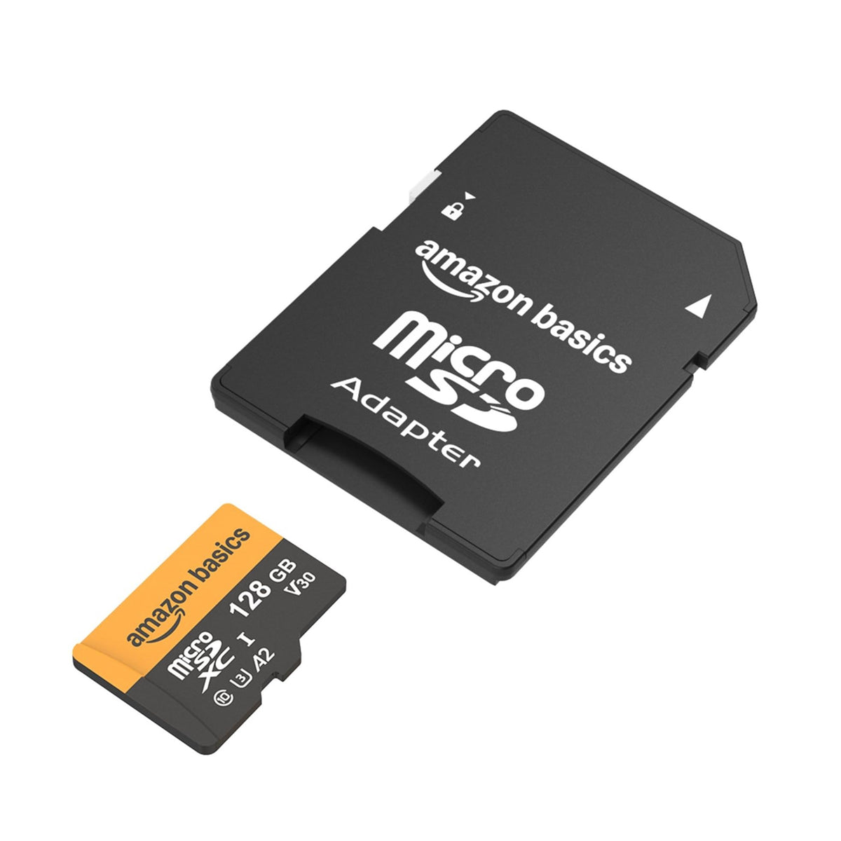 Amazon Basics microSDXC Memory Card with Full Size Adapter, A2, U3, Read Speed up to 100 MB/s, 128GB, Black
