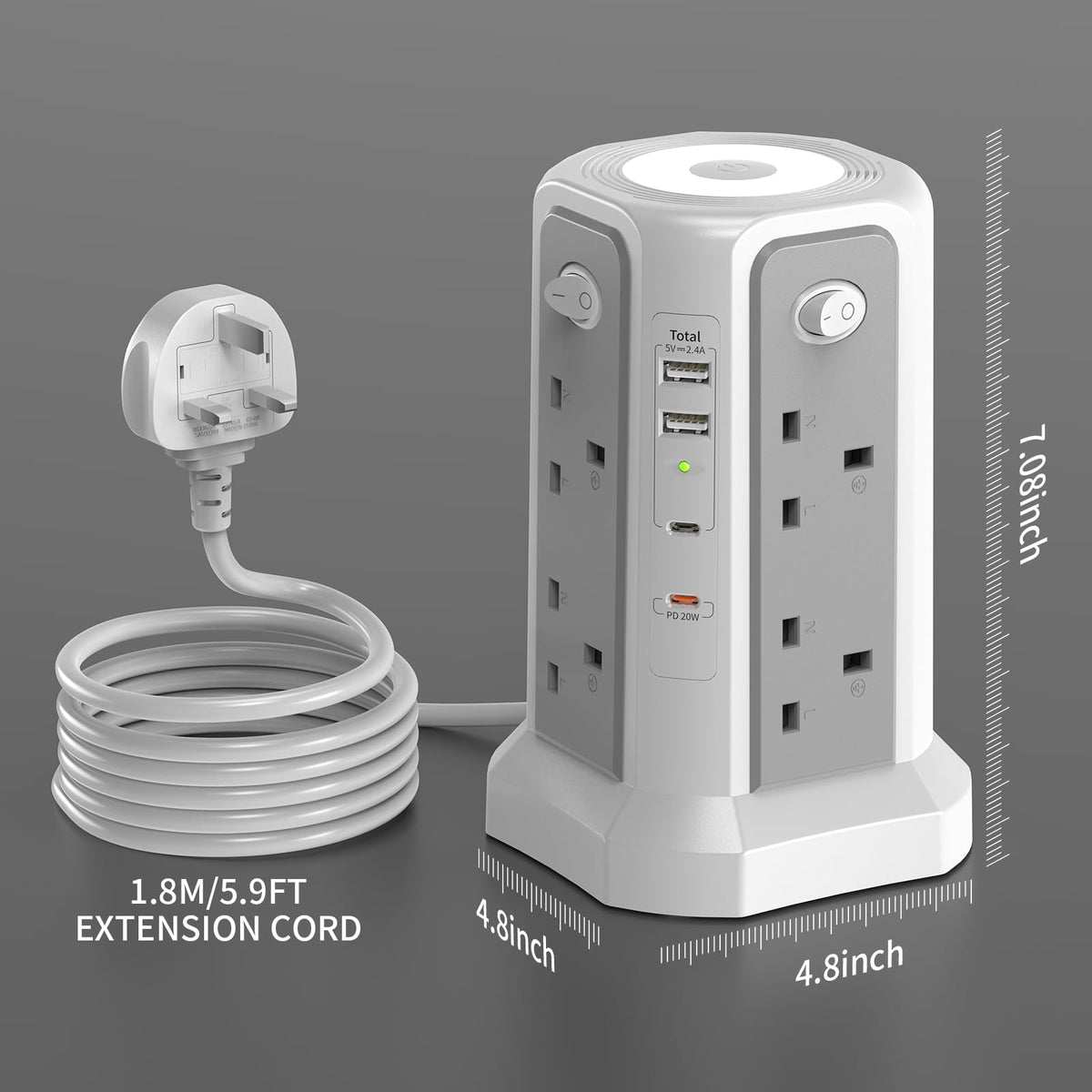 HAFINO Tower Extension Lead 3M with USB Slots and Night Light, 4 Switches